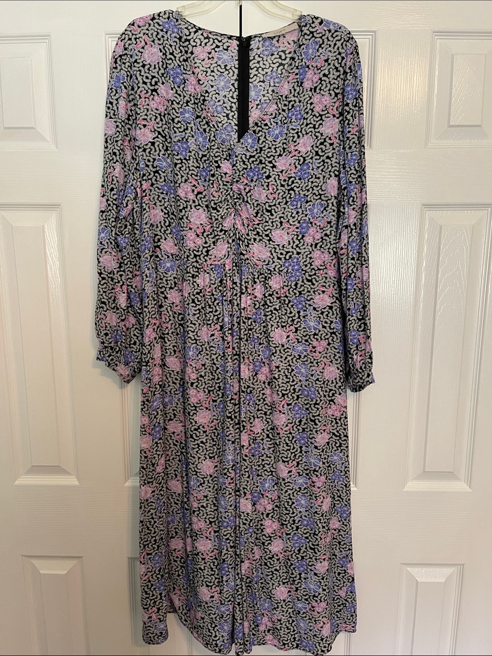 LOFT Black Floral Long Sleeve Midi Dress with Pink & Lavender Blooms